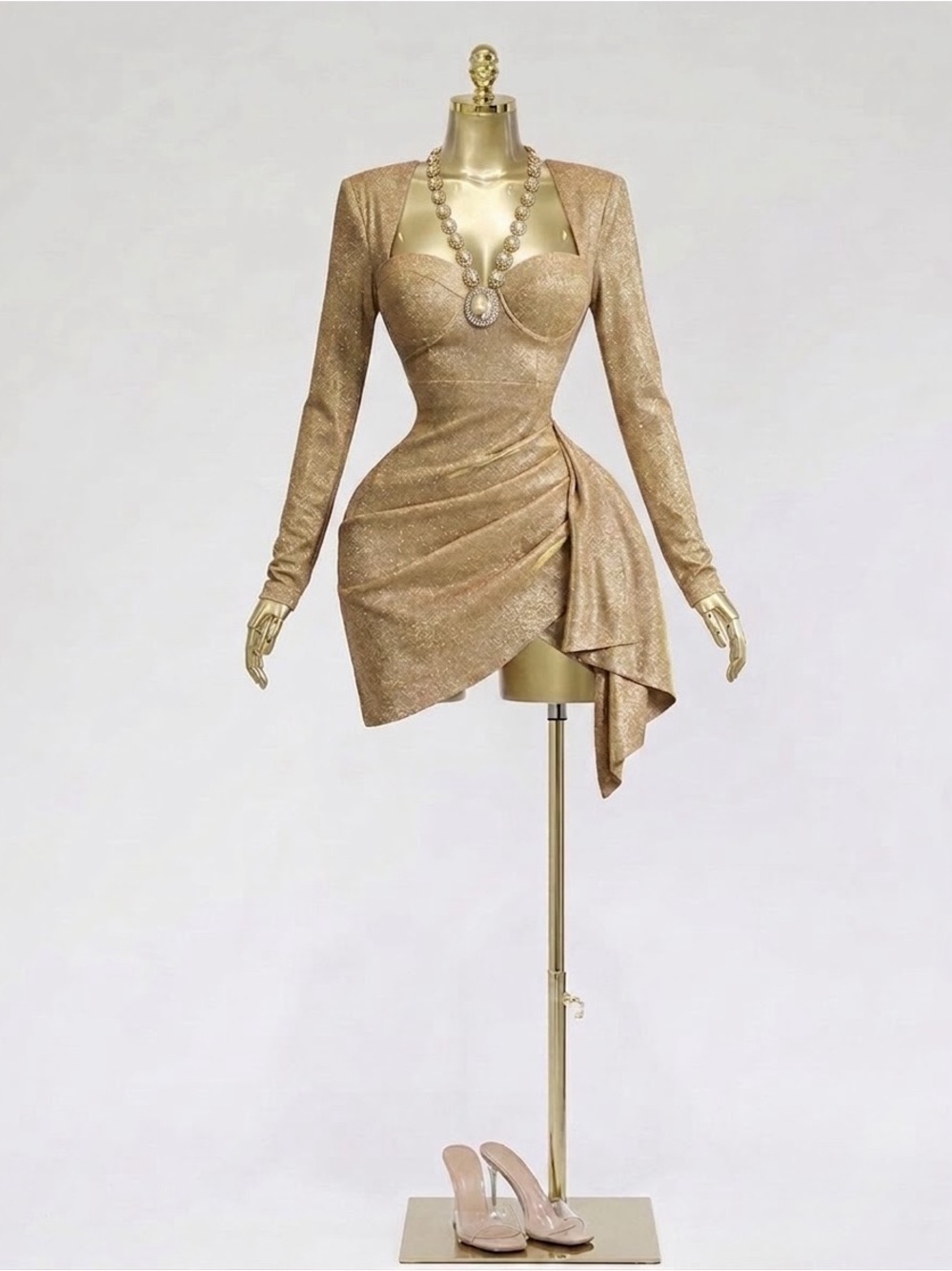 Gold Long-Sleeve Draped Mini Dress